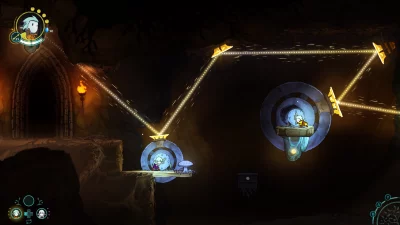 Screenshot from Greak: Memories of Azur showing two of the protagonists working together to complete a puzzle