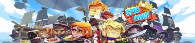 This image shows the banner art for Epic Chef with the games protagonist, Zest, in the middle and the games cast of other characters around him.