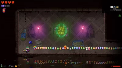 Screenshot from Neon Abyss showing a line of eggs following behind a character in game. These eggs can be hatched and evolved into a variety of different pets.
