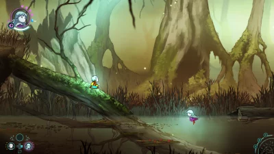 Screenshot from Greak: Memories of Azur showing the two protagonists in a wetland