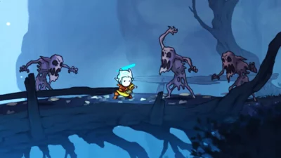 Screenshot from Greak: Memories of Azur showing protagonist Greak involved in a battle with a monster