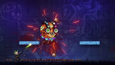 Screenshot from Neon Abyss showing a battle between a character in-game and one of the evil gods that you will need to fight.