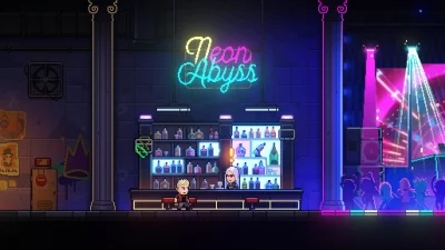 Screenshot from Neon Abyss showing one of the playable characters sitting in a bar.