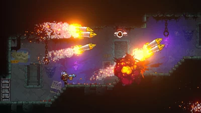 Screenshot from Neon Abyss which shows a playable character firing a bazooka into the depths of a dungeon.